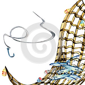 Composition of anchovies and fishnet watercolor illustration isolated on white.