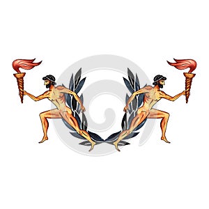 A composition with ancient Greek elements, running athletes with a torch on the background of a laurel wreath. In the