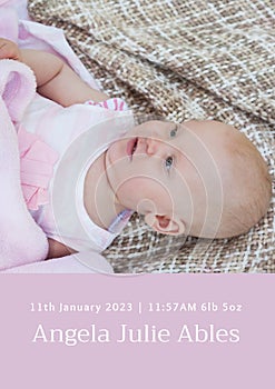 Composition of angela julie ables text with birth date over caucasian baby on pink background