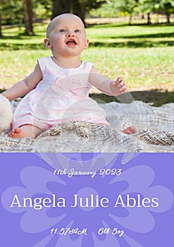 Composition of angela julie ables text with birth date over caucasian baby on purple background