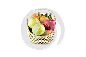 Composition assorted fresh fruits bamboo wicker basket on white background fruit health food isolated