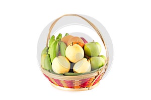 Beautiful autumn harvest variety fruit in wicker basket on white background fruit health food isolatedcomposition assorted fresh f