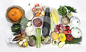 Composition with assortment of organic vegetables and fruit