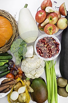 Composition with assortment of organic vegetables and fruit