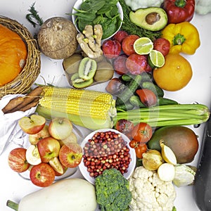 Composition with assortment of organic vegetables and fruit