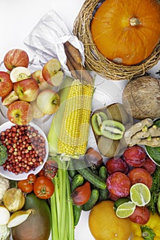 Composition with assortment of organic vegetables and fruit