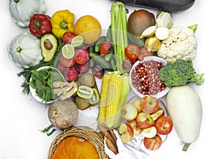 Composition with assortment of organic vegetables and fruit