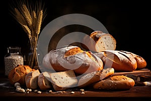 Composition of bakery loaf, bread, buns, baguette sprinkled with flour, with ears of corn on wooden table dark