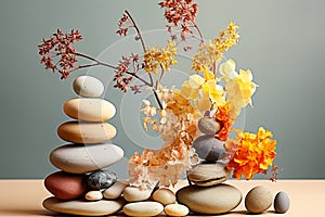 Composition of balancing stones with dried flowers. Concept of balance, eco frendly