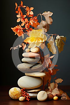 Composition of balancing stones with dried flowers. Concept of balance, eco frendly