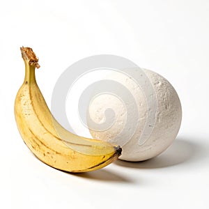 Composition with banana and plaster sphere on white background
