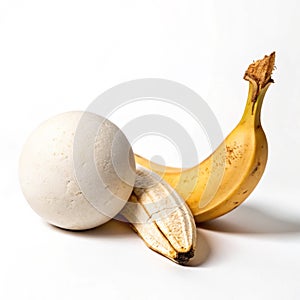 Composition with banana and plaster sphere on white background