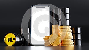 Composition of a barrel of oil withe euro coins and smartphone,