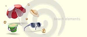 Composition with beach elements. Realistic sunglasses, hat, sun umbrella in white and red colors