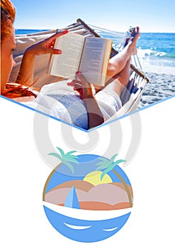Composition of beach icon over woman reading book at beach