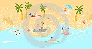 Composition beach, tourism summer vacation, illustration sea resort, tropical sand, design, cartoon style vector