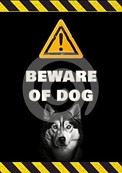 Composition of beware of dog text over warning sign and dog