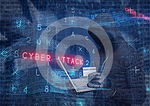 Composition of binary coding and cyber attack warning text over hacker in hood using laptop