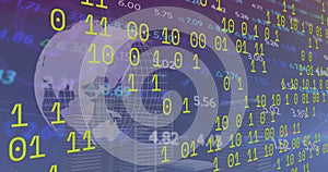 Composition of binary coding and data processing over globe on blue background