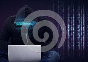 Composition of binary coding and data processing over hacker in hood using laptop