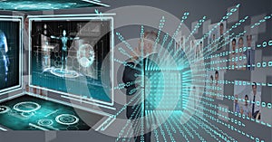 Composition of binary coding over businessman looking at screen with medical digital data