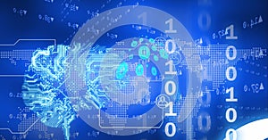Composition of binary coding over computer circuit board and world map