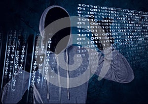 Composition of binary coding over hacker in hood touching interactive screen