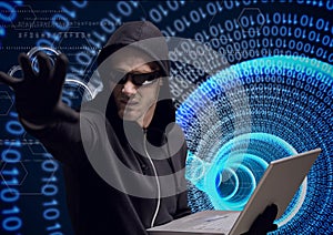 Composition of binary coding over hacker in hood using laptop