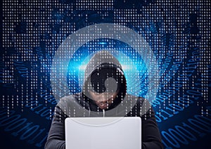 Composition of binary coding over hacker in hood using laptop