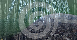 Composition of binary coding over modern globe on green background