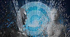 Composition of binary coding processing over exploding human busts and globe