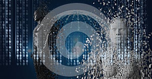 Composition of binary coding processing over exploding human busts and globe