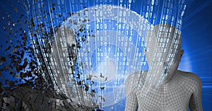 Composition of binary coding processing over exploding human busts and globe