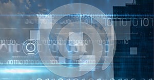 Composition of binary coding with scope scanning and white screens over cityscape