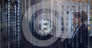 Composition of bitcoin symbol and binary coding over woman by computer server