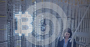 Composition of bitcoin symbol and binary coding over woman and computer servers