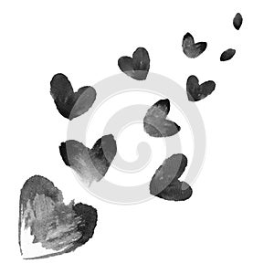 Composition of black hearts and petals for Valentine`s Day, Watercolor drawing by hand.