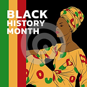 Composition of black history month text over african american woman icon