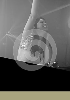 Composition of black and white image of woman djing with black and grey copy spaces