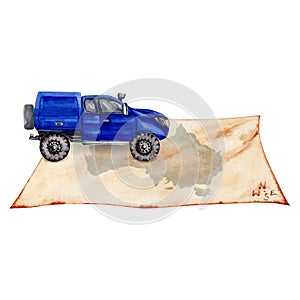 Composition with a blue off road car driving on paper map of Australian continent. For tourism, travel, adventure, holiday prints