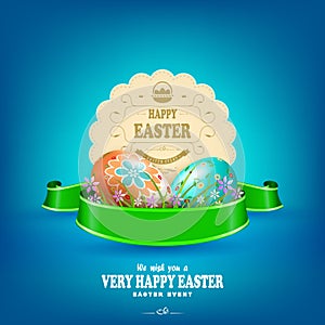 Composition of a blue shade with Easter eggs and a round figured frame,