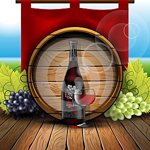 Composition with a bottle and a glass of wine against the background of barrels with grapes on the sides on a wooden floor