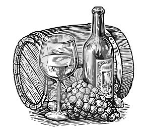 Composition of bottle, glass of wine, grapes and barrel. Hand drawn illustration in engraving style. Clipart sketch