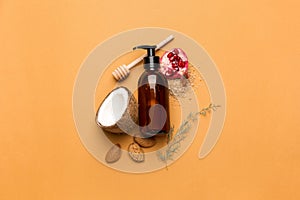 Composition with bottle of natural cosmetic oil on color background