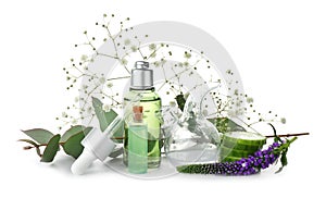 Composition with bottles of essential oils, ingredients and laboratory glassware on white background. Natural cosmetics