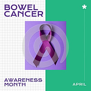 Composition of bowel cancer awareness month text over cancer ribbon