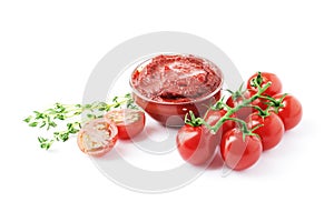 Composition of a bowl full of tomato sauce, spices and fresh tomatoes on a white