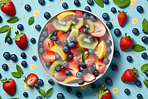 composition bowl with summer fruit and berry salad on blue background, Generative AI