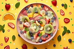 composition bowl with summer fruit and berry salad on yellow background, Generative AI