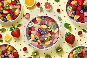 composition bowl with summer fruit and berry salad on yellow background, Generative AI